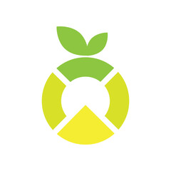 
The image shows a flat logo design of a fruit in round shape presumably an apple in green and yellow with a triangle and leaves that looks clean and sharp on a white background

