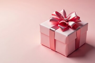 Fototapeta premium Wrapped gift on neutral background with bright colorful bow, present, gift box, wrapped