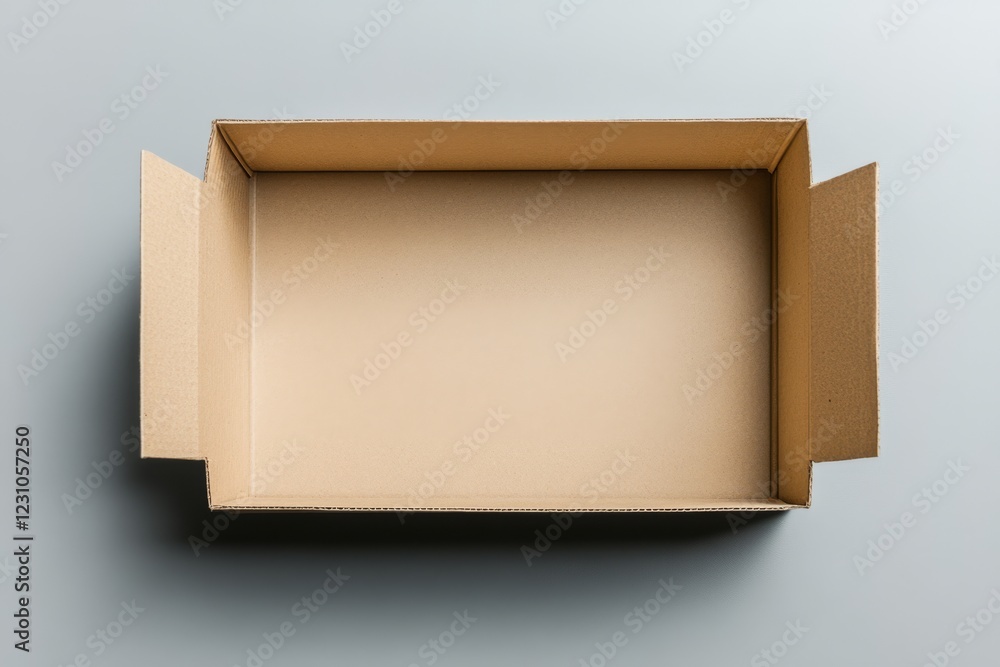 Poster empty open cardboard box on gray background.