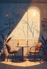 Serene Cafe Interior with Sunlit Arch Window