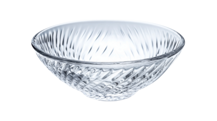 Empty crystal bowl with decorative pattern on transparent background