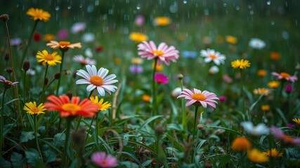 Obraz premium Rainy days bring life to a dormant meadow, as petals lift and colorful blooms unfurl, releasing sweet fragrances into the air, rain, scenery, blooming flowers