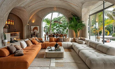 Modern living room with curved architecture, cozy seating, and lush greenery outside