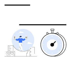 Obraz premium Person balancing gears and a clock on a tightrope above buildings, next to a stopwatch. Ideal for productivity, multitasking, deadlines, efficiency, work-life balance, organization, abstract line