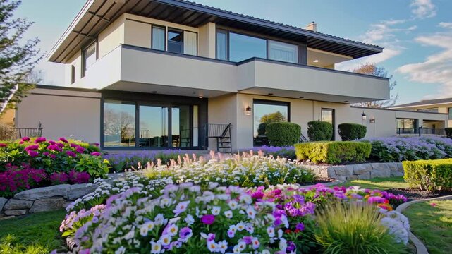 Modern house with lush garden, vibrant flowers in foreground. Sleek architecture, sunny day. Wide-angle shot, steady camera. Video captures tranquility.