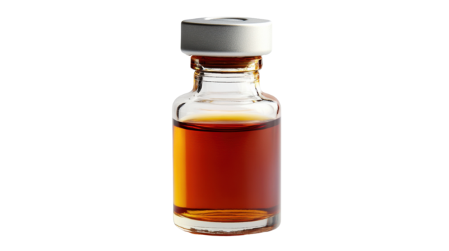 Medical glass vial containing brown liquid on transparent background