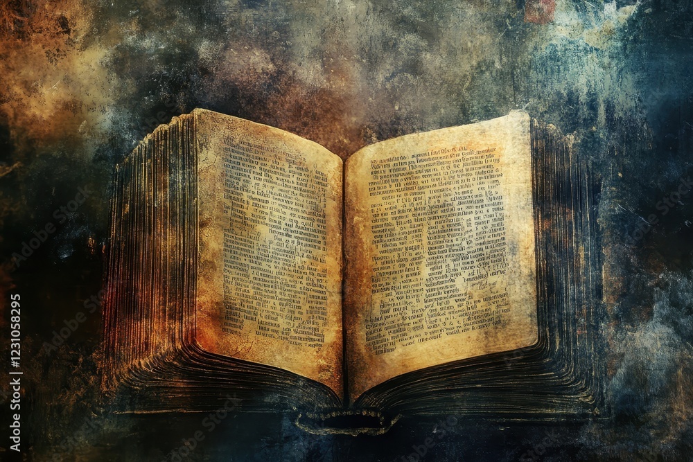 Poster ancient book open displaying aged text pages