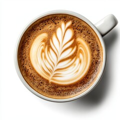Overhead view of a latte with latte art in a mug.