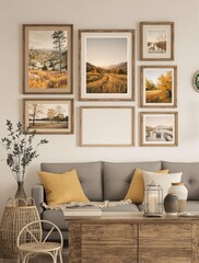 Rustic and cozy wall arrangement of framed nature-inspired photos, natural textures, home decor, rustic frames, earthy tones