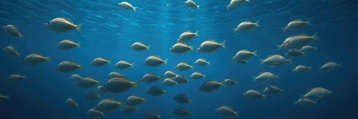 Obraz premium School of fish swimming beneath a dark blue ocean surface with visible ripples from waves or currents, ocean waves, tropical waters, coral reefs