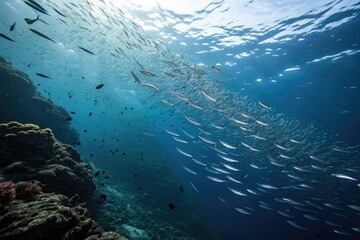 Schools of small fish darting across the dark blue ocean surface, sea surface, fish, aquatic plants, coral reef