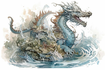 Obraz premium beautiful white dragon among the water element., watercolor style, Generative AI