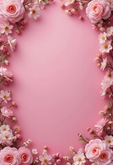 Pink Roses and Delicate Flowers Frame a Soft Pink Background