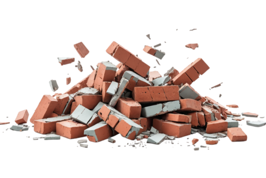 Shattered broken bricks on ground