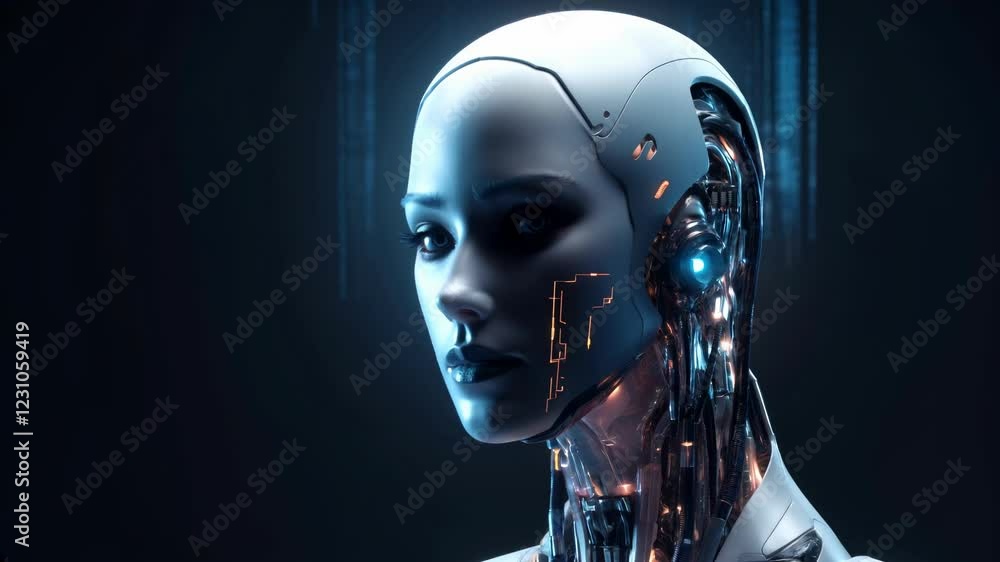 Poster futuristic concept featuring a humanoid robot with illuminated circuits, showcasing advanced technol