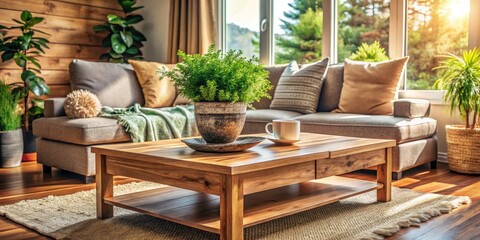 Rustic Wooden Coffee Table with Evergreen Plant: A Cozy Living Room Setup, Natural Decor Inspiration, Home Interior, Greenery, Minimalist Style