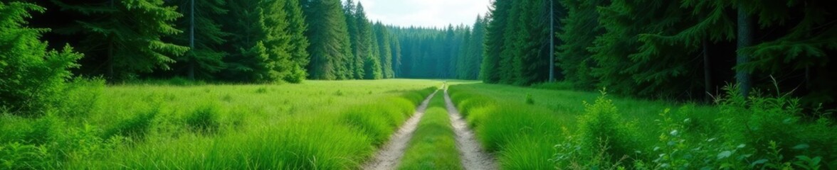 Fototapeta premium A winding path disappears into the depths of a vast and unbroken expanse of greenery in front of a towering pine wall, evergreen, wilderness, nature