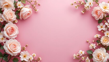 Delicate Pink Roses and White Flowers Frame a Pink Background
