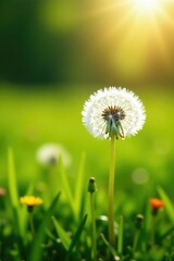 Dainty dandelion blossom on a sunny green meadow, flowers, sunshine