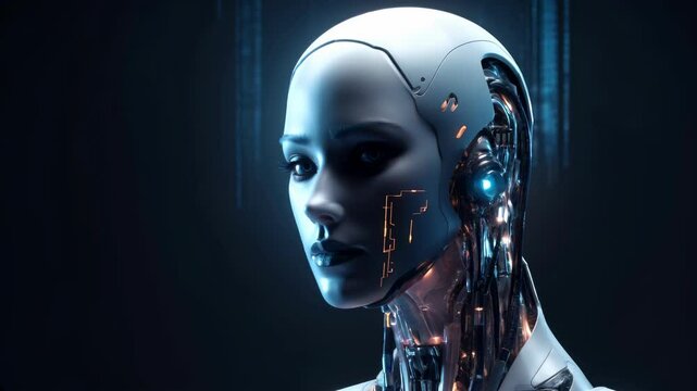 Futuristic concept featuring a humanoid robot with illuminated circuits, showcasing advanced technology. Side profile, close-up video angle.