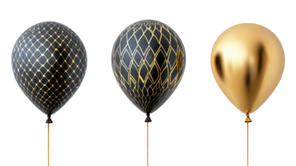 Realistic black and gold balloons floating with transparent background