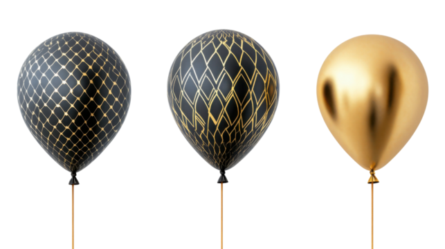 Realistic black and gold balloons floating with transparent background
