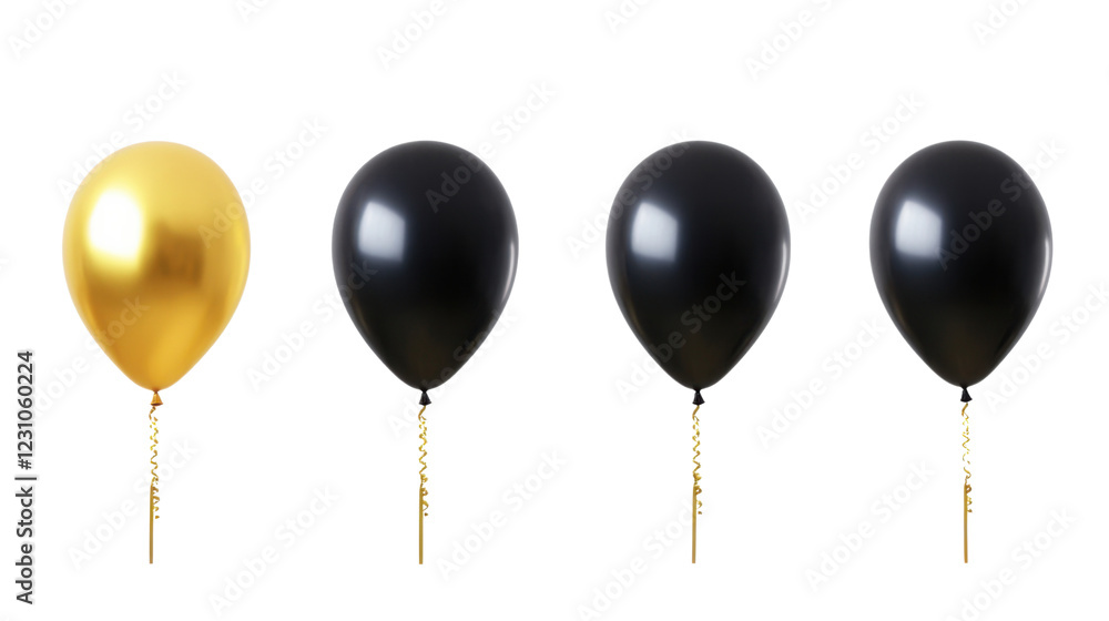 Poster gold and black balloons floating with golden string on transparent background