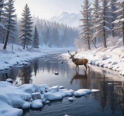 Obraz premium Snow-covered river with deer in the background, peaceful, wilderness