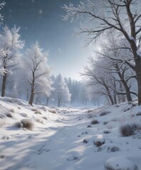 Snowflakes gently falling on a serene winter landscape, serene, frosty