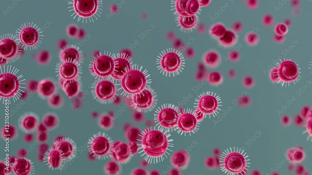 Poster a dynamic, close-up animation of red virus particles floating in a greenish environment, highlightin