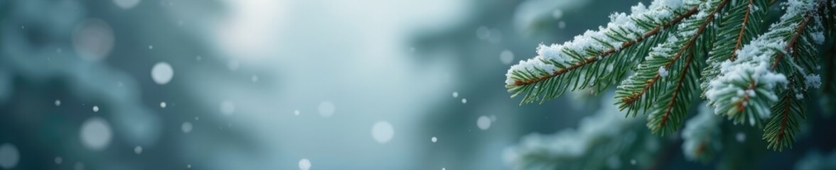 Obraz premium Frosty white snowflakes fall gently on pine branches, frosty, evergreen