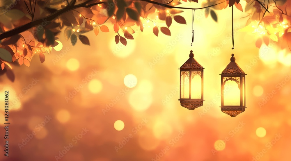 Poster two illuminated lanterns hang from a tree branch at sunset, bokeh background.