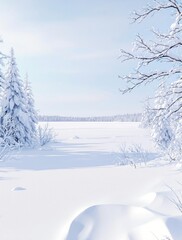 Snowy winter landscape with a frozen lake and snow-covered trees in the background, snowflakes falling, frozen scenery, snowy backdrop, snowy winter landscape