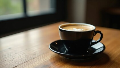 Obraz premium Minimalist black coffee cup on a wooden table, coffee, cup