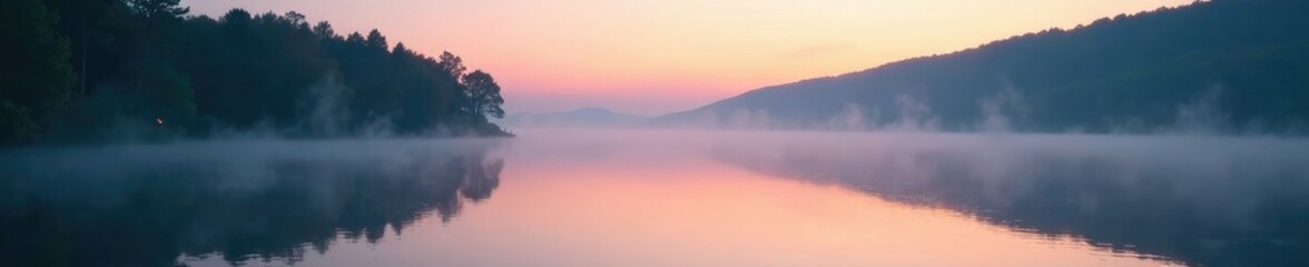 Misty dawn light dances across a tranquil lake, water, empty, natural