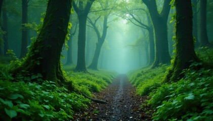 Obraz premium Misty forest path overgrown with vines and moss, green, mystical, path