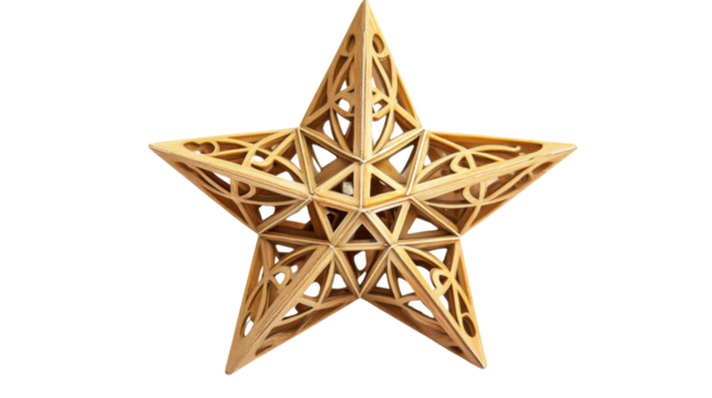 Intricate wooden star ornament shining on transparent background