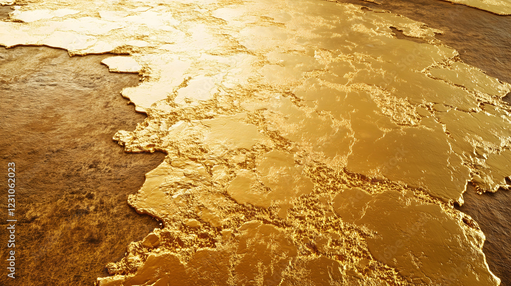 Poster artistic representation of a textured golden surface reflecting light at dusk. generative ai