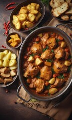 Spicy chicken and mutton flavored curry served with potatoes in a metal bowl , flavorful sauce, hearty meal