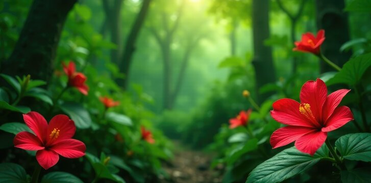 Morron rojo flowers blooming in a lush greenery, exotic, botanical, jungle