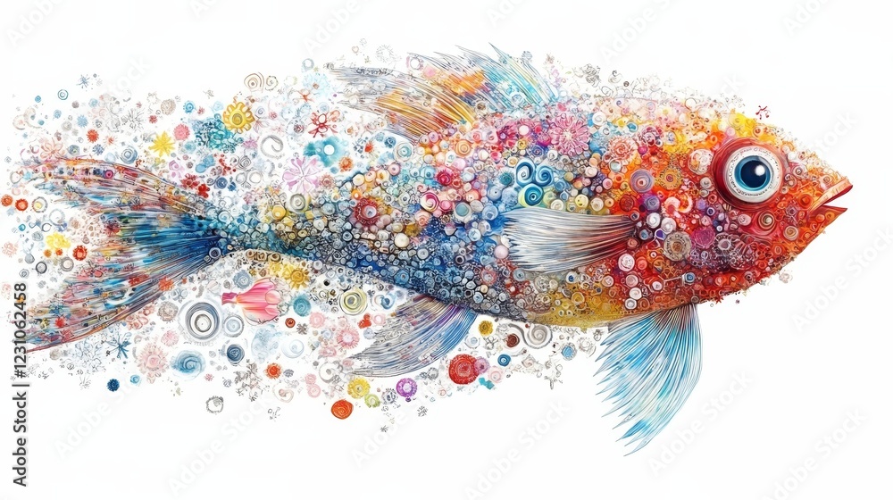 Poster abstract colorful fish composed of tiny letters and numbers