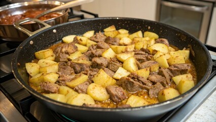 Pan-seared meat and potato casserole in a large frying pan, utensils, kitchenware, aroma, potatoes, sizzling