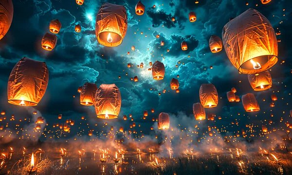 Enchanting scene of floating lanterns illuminating a dark sky filled with clouds at night