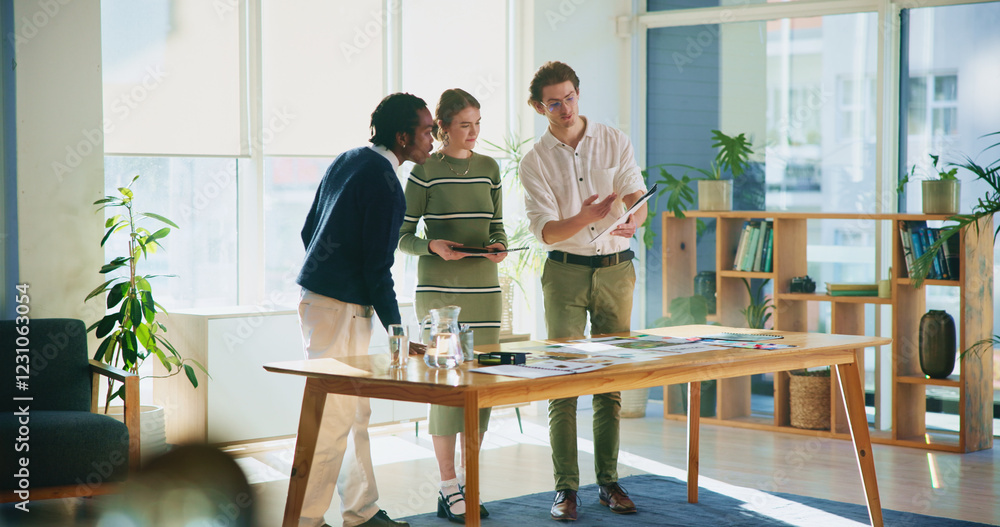 Poster conversation, design and tablet with editor team in creative workplace for discussion or planning. c