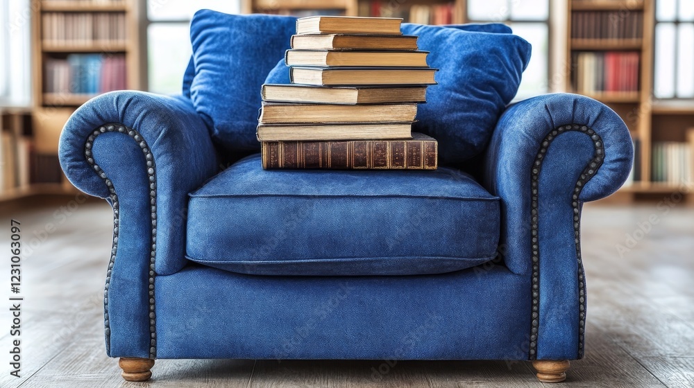 Poster a stack of books rests on a comfortable blue armchair in a library setting