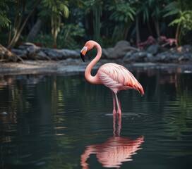 Fototapeta premium Pink flamingo standing gracefully with its reflection in calm water, colorful, tranquil, nature
