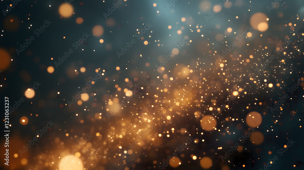 Poster golden and shimmering particles dance in a dreamy soft focus background of enchanting hues. generati