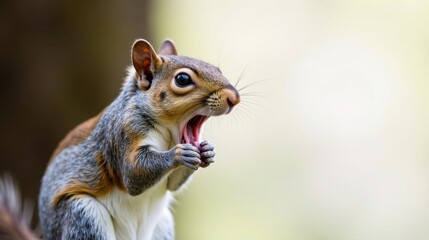 Obraz premium A Close-Up Portrait of a Yawning Rodent with Bushy Tail and Striking Fur
