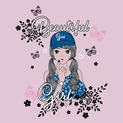 Beautiful girl surrounded by flowers and hearts, romantic and dreamy background.