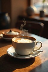Warm morning beverage with delicate latte art, served with a sweet pastry on a wooden table bathed in sunlight